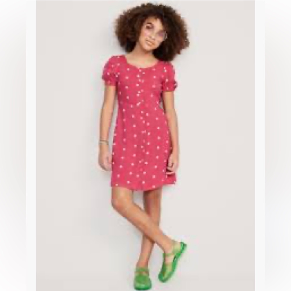 Pink and white poke a dot puff sleeve fit and flare dress, size L - 10-12 girls